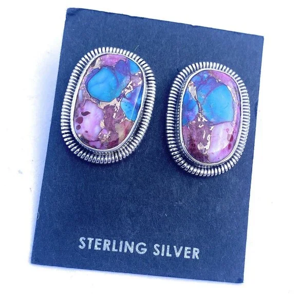 Navajo Pink Dream Mohave & Sterling Silver Post Earrings By Wydell Billie - Picture 7 of 7